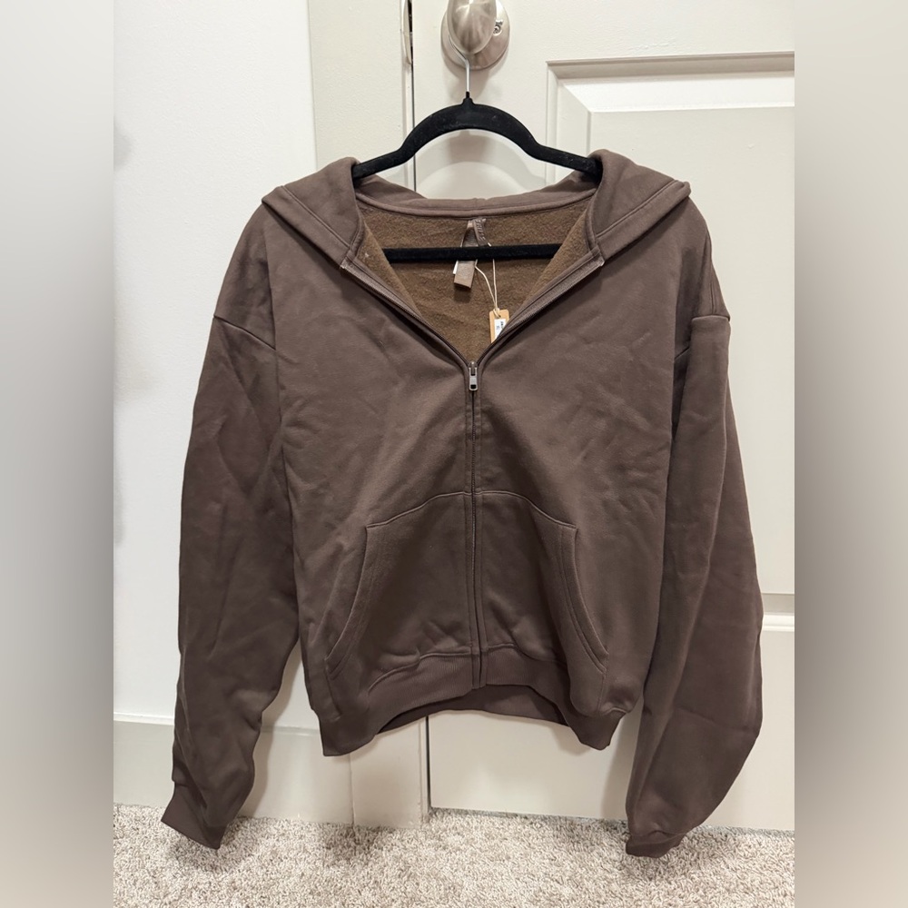 Skims Large Brown Cotton Fleece Classic Zip-Up Hoodie. 🐻⚡️